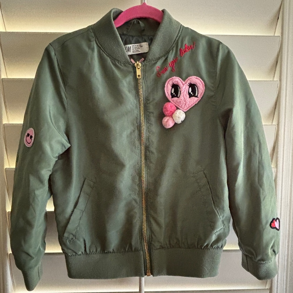 H&M Olive Green Bomber Jacket with Pink Accents